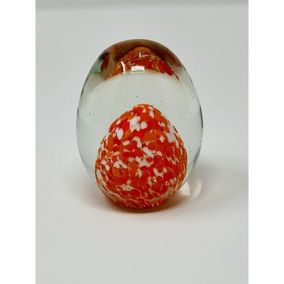 Egg Shaped Art Glass Paperweight Orange and White - Picture 3 of 4